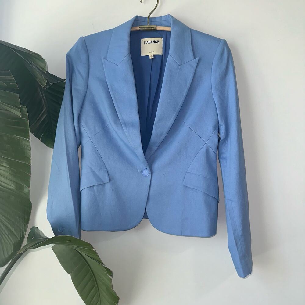 L'Agence Chamberlain Blue Linen Cotton Blend Single Breasted One Button Blazer
